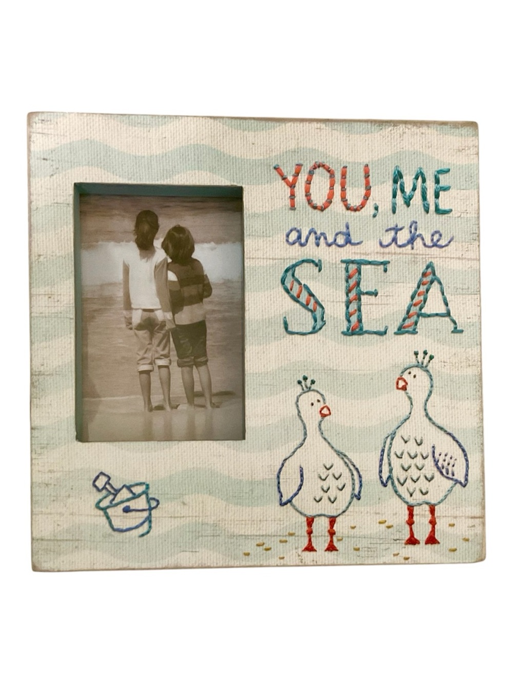 You, Me and the Sea Embroidered Beach Photo Frame - White & Teal